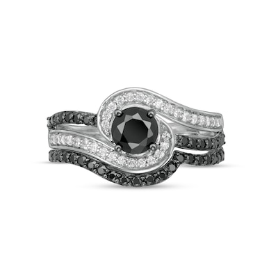 0.95 CT. T.W. Black Enhanced and White Diamond Bypass Multi-Row Bridal Set in 10K White Gold