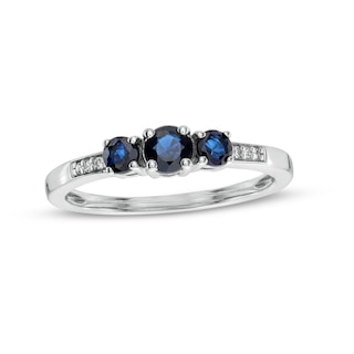 Blue Sapphire and Diamond Accent Three Stone Ring in 10K White Gold