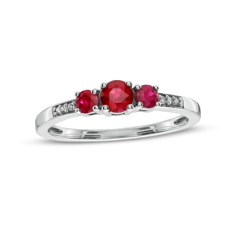Ruby and Diamond Accent Three Stone Ring in 10K White Gold|Peoples Jewellers