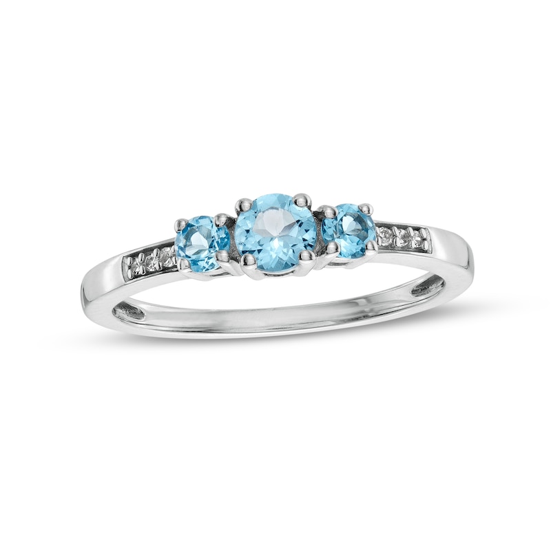 Swiss Blue Topaz and Diamond Accent Three Stone Ring in 10K White Gold|Peoples Jewellers