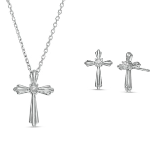 Diamond Accent Solitaire Cross Pendant and Stud Earrings Set in Sterling Silver