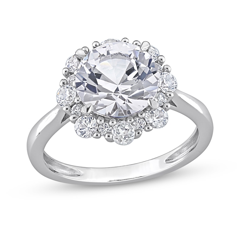 9.0mm White Lab-Created Sapphire Frame Sunburst Ring in 10K White Gold|Peoples Jewellers