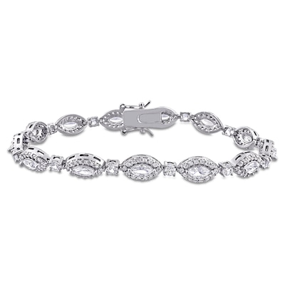 Marquise and Round White Lab-Created Sapphire Frame Link Art Deco Alternating Line Bracelet in Sterling Silver