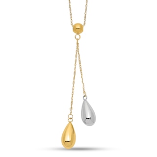 Double Puff Teardrop Lariat Necklace in 14K Two-Tone Gold