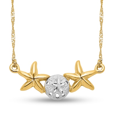 Multi-Finish Sand Dollar and Starfish Side Accent Necklace in 14K Two-Tone Gold