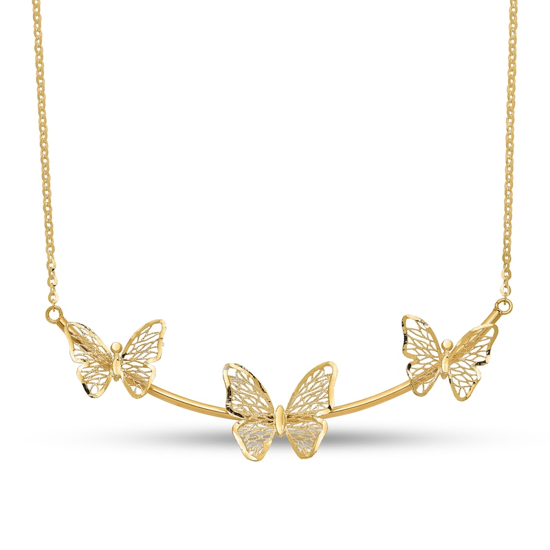 Triple Butterfly Outline Curved Bar Necklace in 14K Gold|Peoples Jewellers