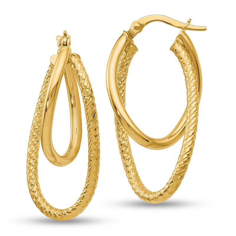 28.0 x 15.0mm Multi-Finish Layered Double Tube Oval Hoop Earrings in 14K Gold|Peoples Jewellers