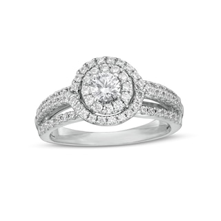 1.00 CT. T.W. Certified Canadian Diamond Double Frame Split Shank Engagement Ring in 10K White Gold (I/I2)