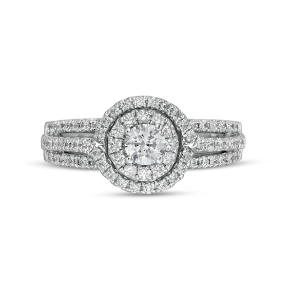 1.00 CT. T.W. Certified Canadian Diamond Double Frame Split Shank Engagement Ring in 10K White Gold (I/I2)