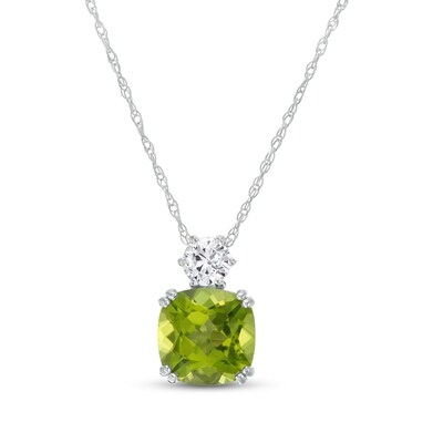 8.0mm Cushion-Cut Peridot and White Lab-Created Sapphire Accent Pendant in 10K White Gold