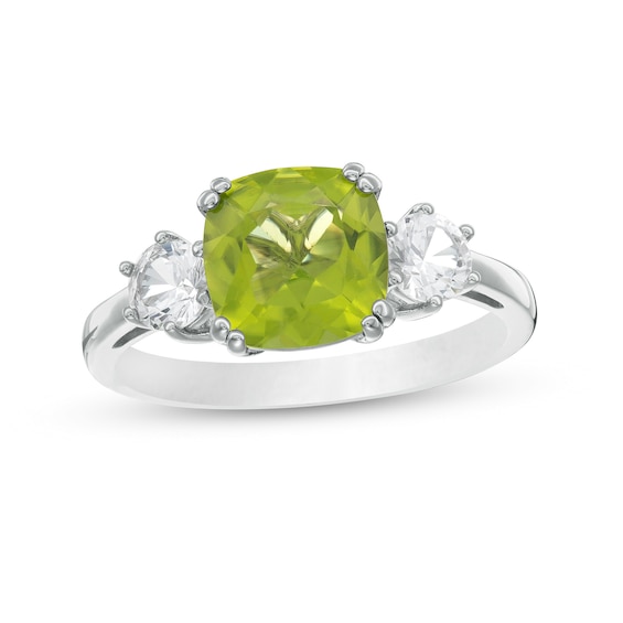 8.0mm Cushion-Cut Peridot and White Lab-Created Sapphire Three Stone Ring in 10K White Gold