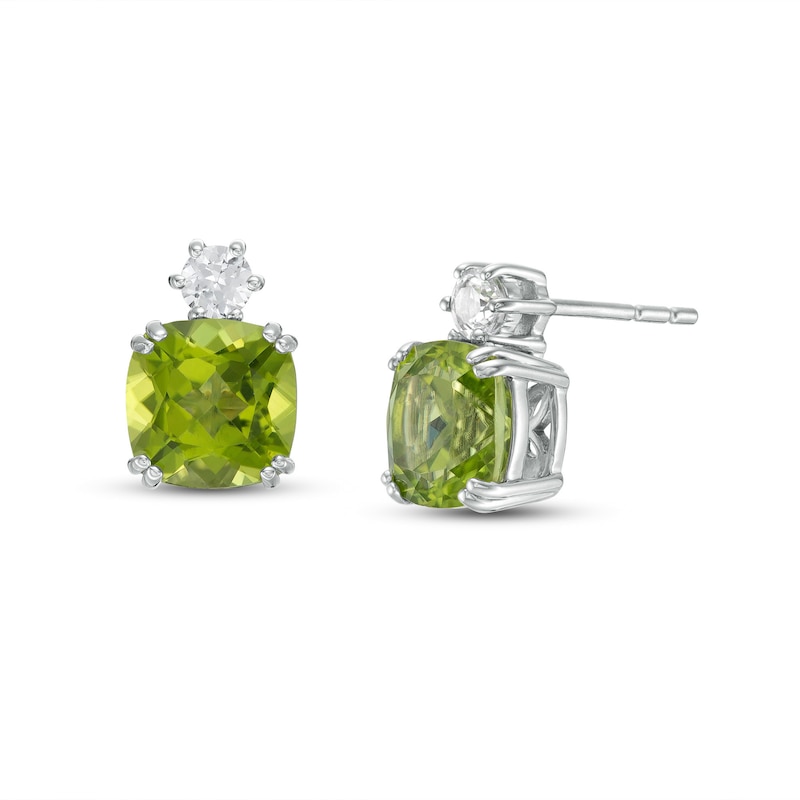 7.0mm Cushion-Cut Peridot and White Lab-Created Sapphire Accent Stud Earrings in 10K White Gold|Peoples Jewellers