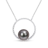 Thumbnail Image 0 of 9.5-10.0mm Black Tahitian Cultured Pearl and White Sapphire Circle Necklace in 10K White Gold