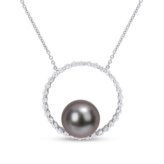 9.5-10.0mm Black Tahitian Cultured Pearl and White Sapphire Circle Necklace in 10K White Gold