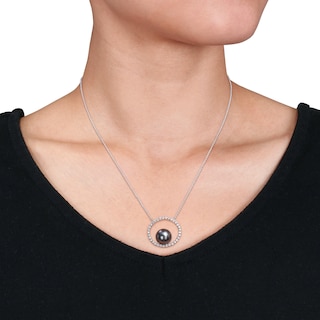 9.5-10.0mm Black Tahitian Cultured Pearl and White Sapphire Circle Necklace in 10K White Gold