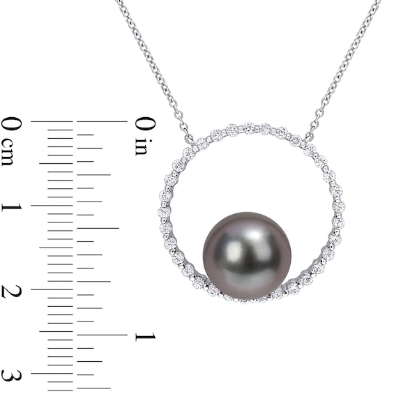 9.5-10.0mm Black Tahitian Cultured Pearl and White Sapphire Circle Necklace in 10K White Gold