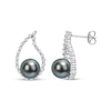 Thumbnail Image 0 of 8.0-8.5mm Black Tahitian Cultured Pearl and White Sapphire Teardrop Earrings in 10K White Gold