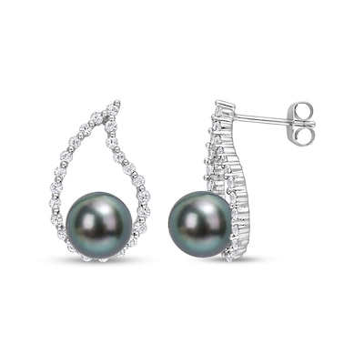 8.0-8.5mm Black Tahitian Cultured Pearl and White Sapphire Teardrop Earrings in 10K White Gold