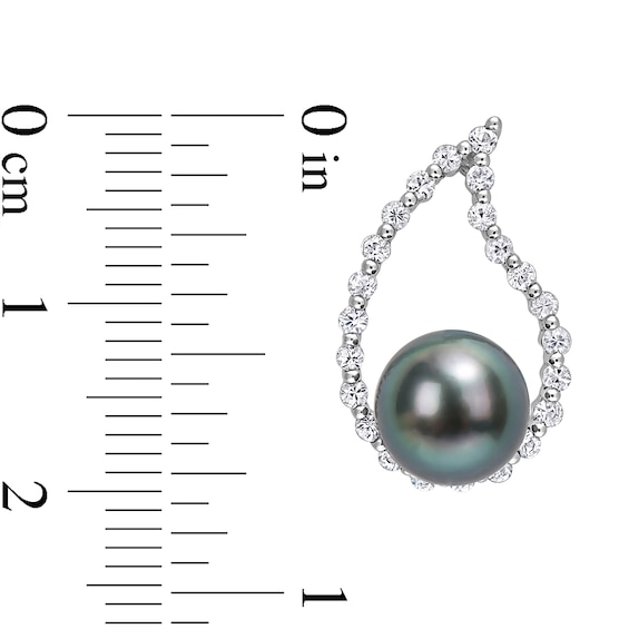 8.0-8.5mm Black Tahitian Cultured Pearl and White Sapphire Teardrop Earrings in 10K White Gold