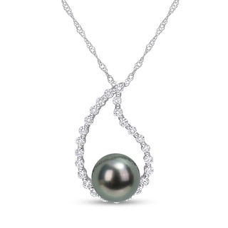 8.0-8.5mm Black Tahitian Cultured Pearl and White Sapphire Teardrop Pendant in 10K White Gold