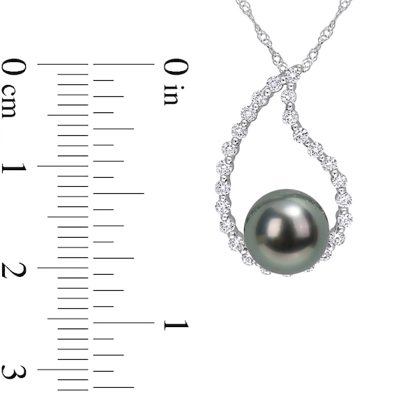 8.0-8.5mm Black Tahitian Cultured Pearl and White Sapphire Teardrop Pendant in 10K White Gold