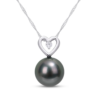 9.5-10.0mm Black Tahitian Cultured Pearl and 0.05 CT. T.W. Diamond Heart Pendant in 10K White Gold