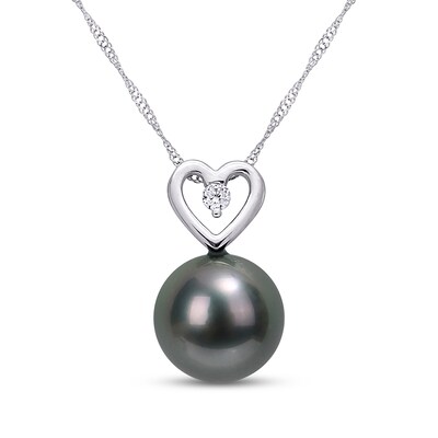 9.5-10.0mm Black Tahitian Cultured Pearl and 0.05 CT. T.W. Diamond Heart Pendant in 10K White Gold