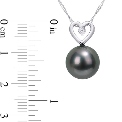 9.5-10.0mm Black Tahitian Cultured Pearl and 0.05 CT. T.W. Diamond Heart Pendant in 10K White Gold