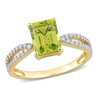 Emerald-Cut Peridot and 0.19 CT. T.W. Diamond Tapered Split Shank Ring in 14K Gold