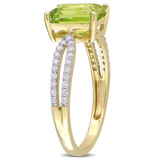 Emerald-Cut Peridot and 0.19 CT. T.W. Diamond Tapered Split Shank Ring in 14K Gold