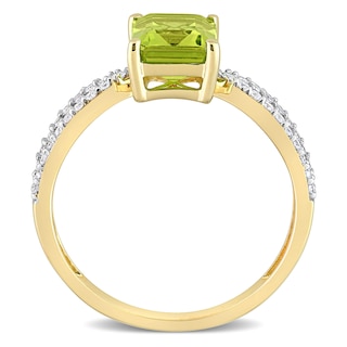 Emerald-Cut Peridot and 0.19 CT. T.W. Diamond Tapered Split Shank Ring in 14K Gold