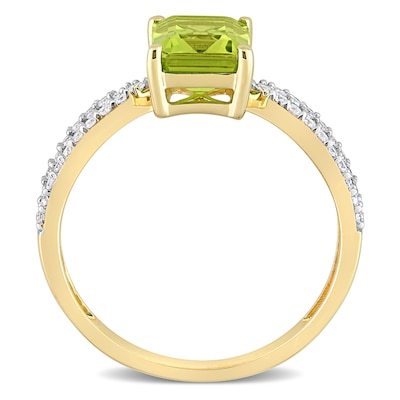 Emerald-Cut Peridot and 0.19 CT. T.W. Diamond Tapered Split Shank Ring in 14K Gold