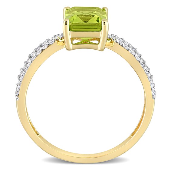 Emerald-Cut Peridot and 0.19 CT. T.W. Diamond Tapered Split Shank Ring in 14K Gold