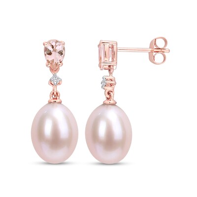 9.0-9.5mm Pink Oval Freshwater Cultured Pearl, Morganite and 0.04 CT. T.W. Diamond Drop Earrings in 10K Rose Gold