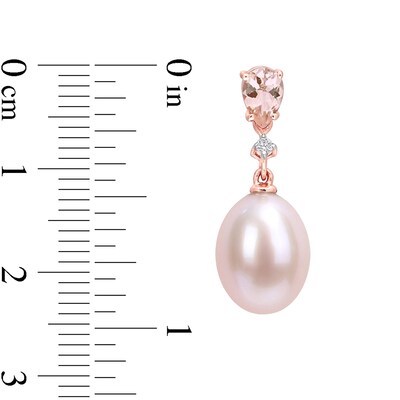 9.0-9.5mm Pink Oval Freshwater Cultured Pearl, Morganite and 0.04 CT. T.W. Diamond Drop Earrings in 10K Rose Gold