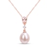 9.0-9.5mm Pink Oval Freshwater Cultured Pearl, Morganite and Diamond Accent Drop Pendant in 10K Rose Gold