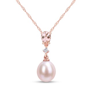 9.0-9.5mm Pink Oval Freshwater Cultured Pearl, Morganite and Diamond Accent Drop Pendant in 10K Rose Gold