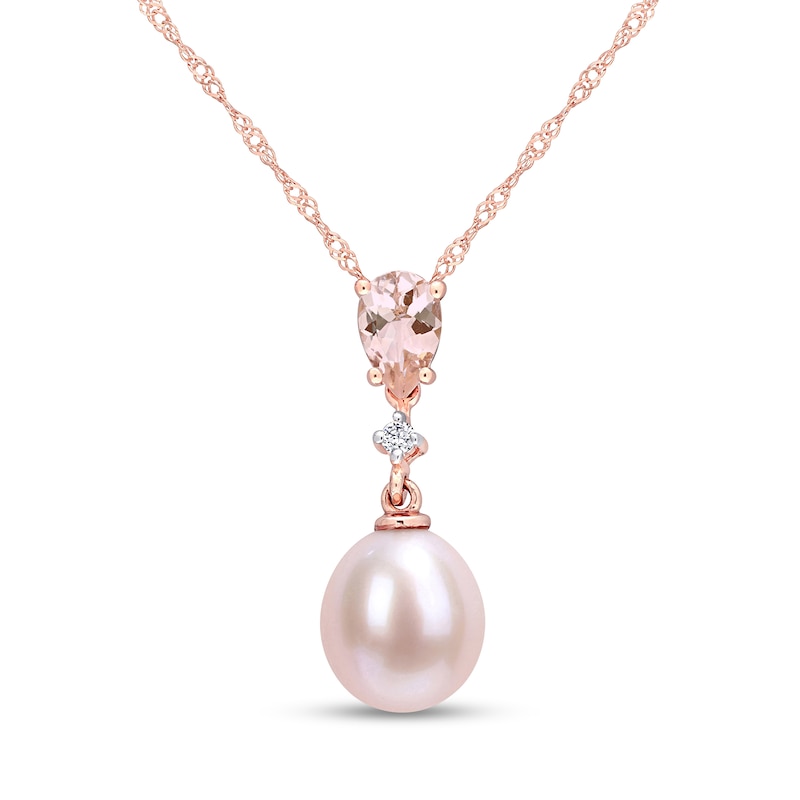 9.0-9.5mm Pink Oval Freshwater Cultured Pearl, Morganite and Diamond Accent Drop Pendant in 10K Rose Gold|Peoples Jewellers