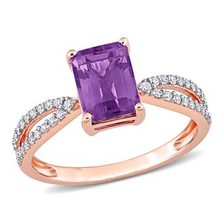 Emerald-Cut Amethyst and 0.19 CT. T.W. Diamond Tapered Split Shank Ring in 14K Rose Gold