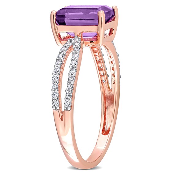 Emerald-Cut Amethyst and 0.19 CT. T.W. Diamond Tapered Split Shank Ring in 14K Rose Gold