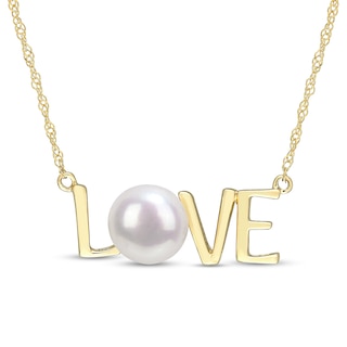 7.0-7.5mm Freshwater Cultured Pearl "LOVE" Necklace in 10K Gold-17"