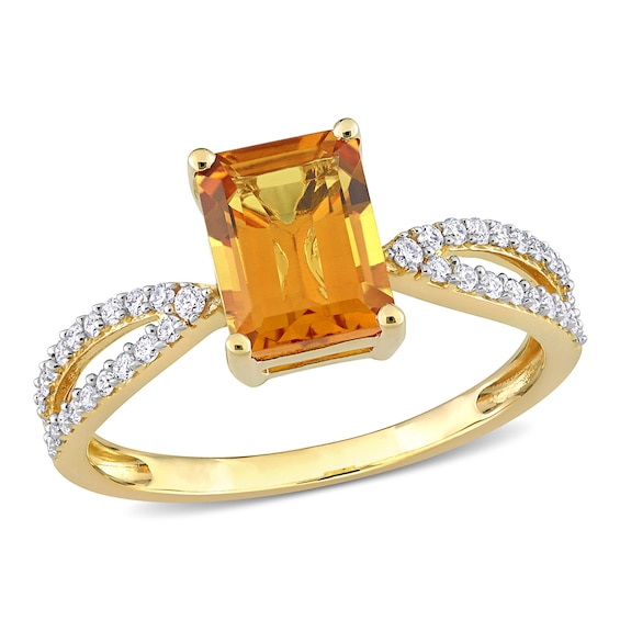 Emerald-Cut Citrine and 0.19 CT. T.W. Diamond Tapered Split Shank Ring in 14K Gold