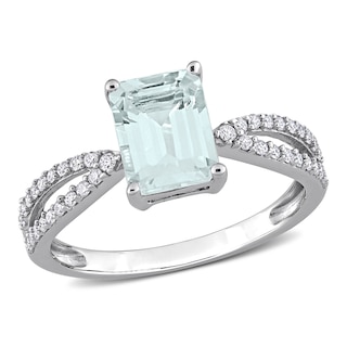 Emerald-Cut Aquamarine and 0.19 CT. T.W. Diamond Tapered Split Shank Ring in 14K White Gold