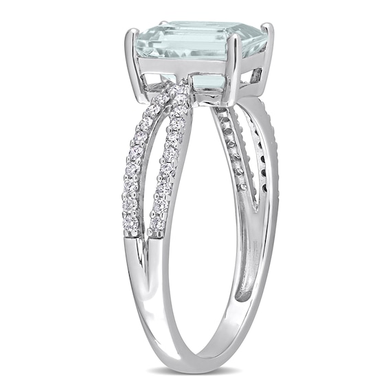 Emerald-Cut Aquamarine and 0.19 CT. T.W. Diamond Tapered Split Shank Ring in 14K White Gold