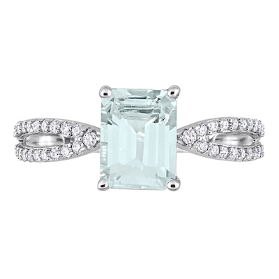 Emerald-Cut Aquamarine and 0.19 CT. T.W. Diamond Tapered Split Shank Ring in 14K White Gold