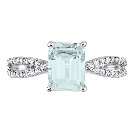 Emerald-Cut Aquamarine and 0.19 CT. T.W. Diamond Tapered Split Shank Ring in 14K White Gold