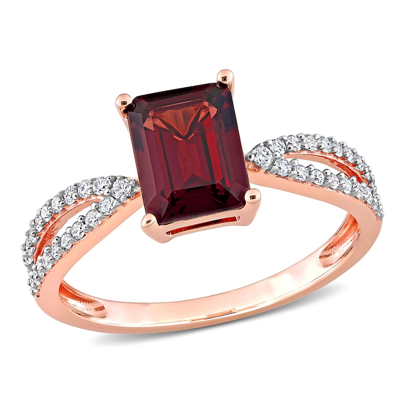Emerald-Cut Garnet and 0.19 CT. T.W. Diamond Tapered Split Shank Ring in 14K Rose Gold|Peoples Jewellers