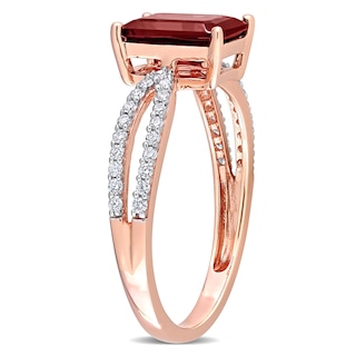 Emerald-Cut Garnet and 0.19 CT. T.W. Diamond Tapered Split Shank Ring in 14K Rose Gold