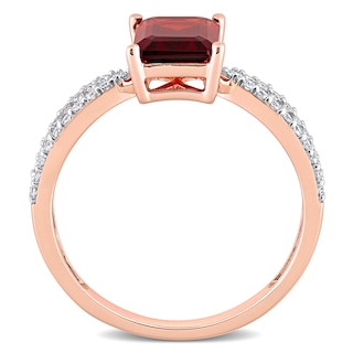 Emerald-Cut Garnet and 0.19 CT. T.W. Diamond Tapered Split Shank Ring in 14K Rose Gold