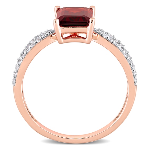 Emerald-Cut Garnet and 0.19 CT. T.W. Diamond Tapered Split Shank Ring in 14K Rose Gold